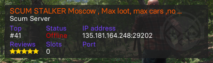 SCUM STALKER Moscow , Max loot, max cars ,no mech, PVP\PVE 